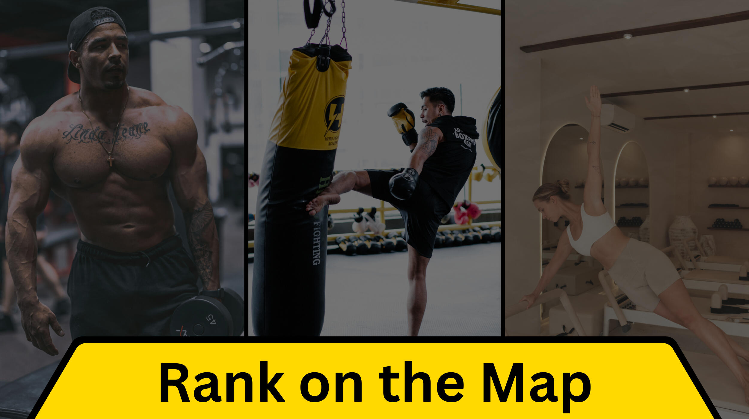 Rank on the Map Homepage Banner Image of a weight lifter, kickboxer and pilates practioner in the form of a collage image
