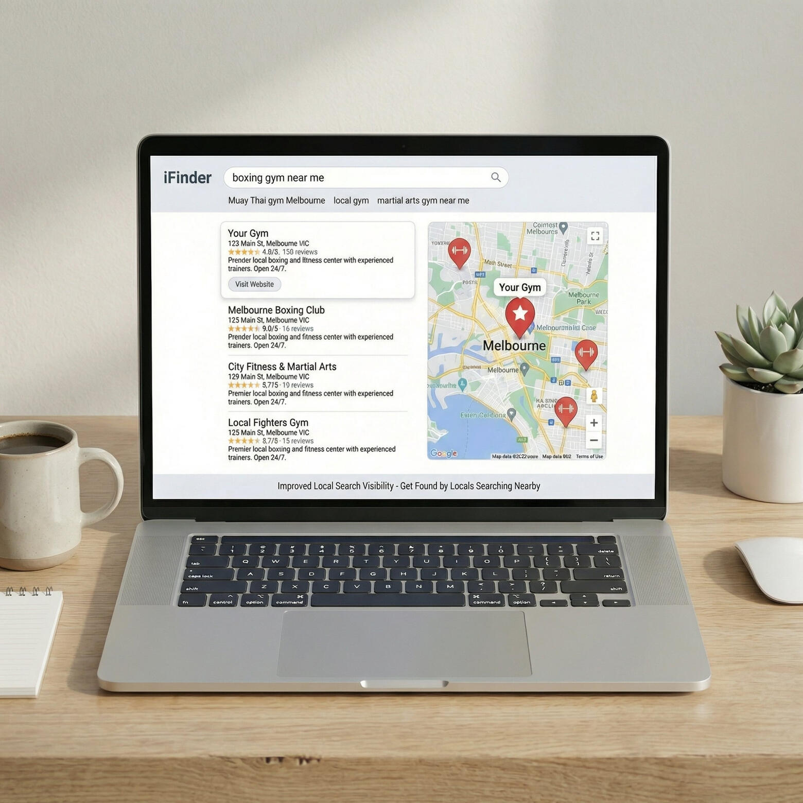 Boost Website Conversion Service Image An image of a lead generation page that was created and optimised by Ranked on the Map for a local independent gym. The page appears on both the desktop and mobile screen with benefit text exaplaining the outcomes.