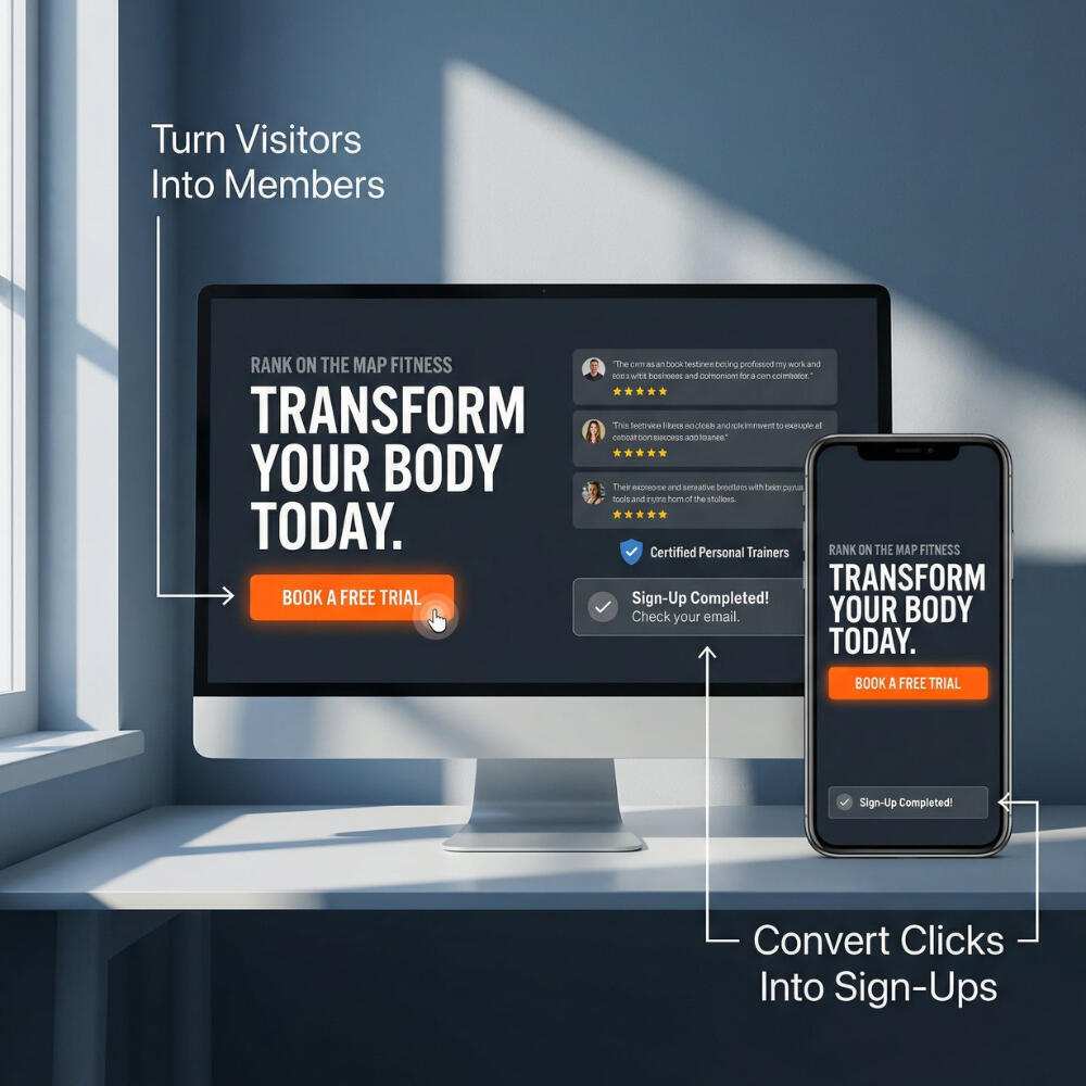 An image of a lead generation page that was created and optimised by Ranked on the Map for a local independent gym. The page appears on both the desktop and mobile screen with benefit text exaplaining the outcomes.