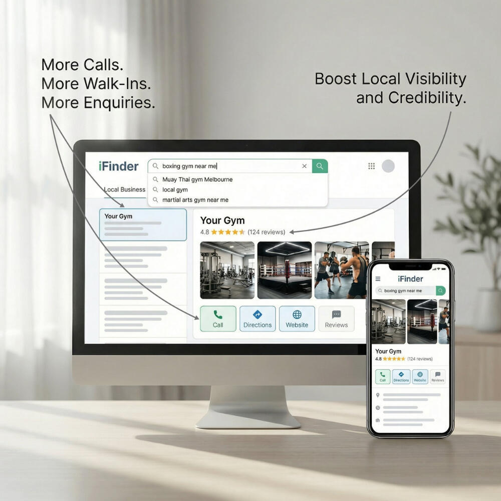 Google Business Profile Optimisation Service Image Local gym appearing at the top of Google Maps search results on desktop and mobile, with call, directions and website actions visible, demonstrating local SEO and Google Business Profile optimisation.